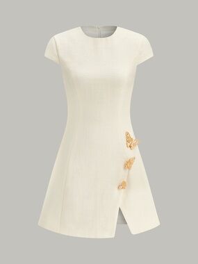 COMMENSE Butterfly Embellished Tweed Dress - Off White - Size M - NWT